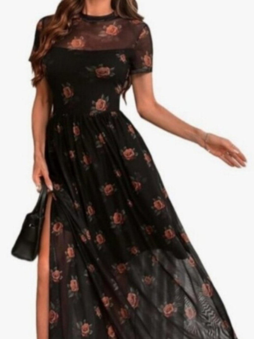 Goth Dark Women's Rose Mesh Print Short Sleeve Maxi Dress Romantic Date Night - Picture 7 of 7